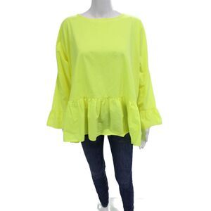 Basia Women Tunic Bohemian Yellow Cotton Blend Long Sleeve Round Neck Size L